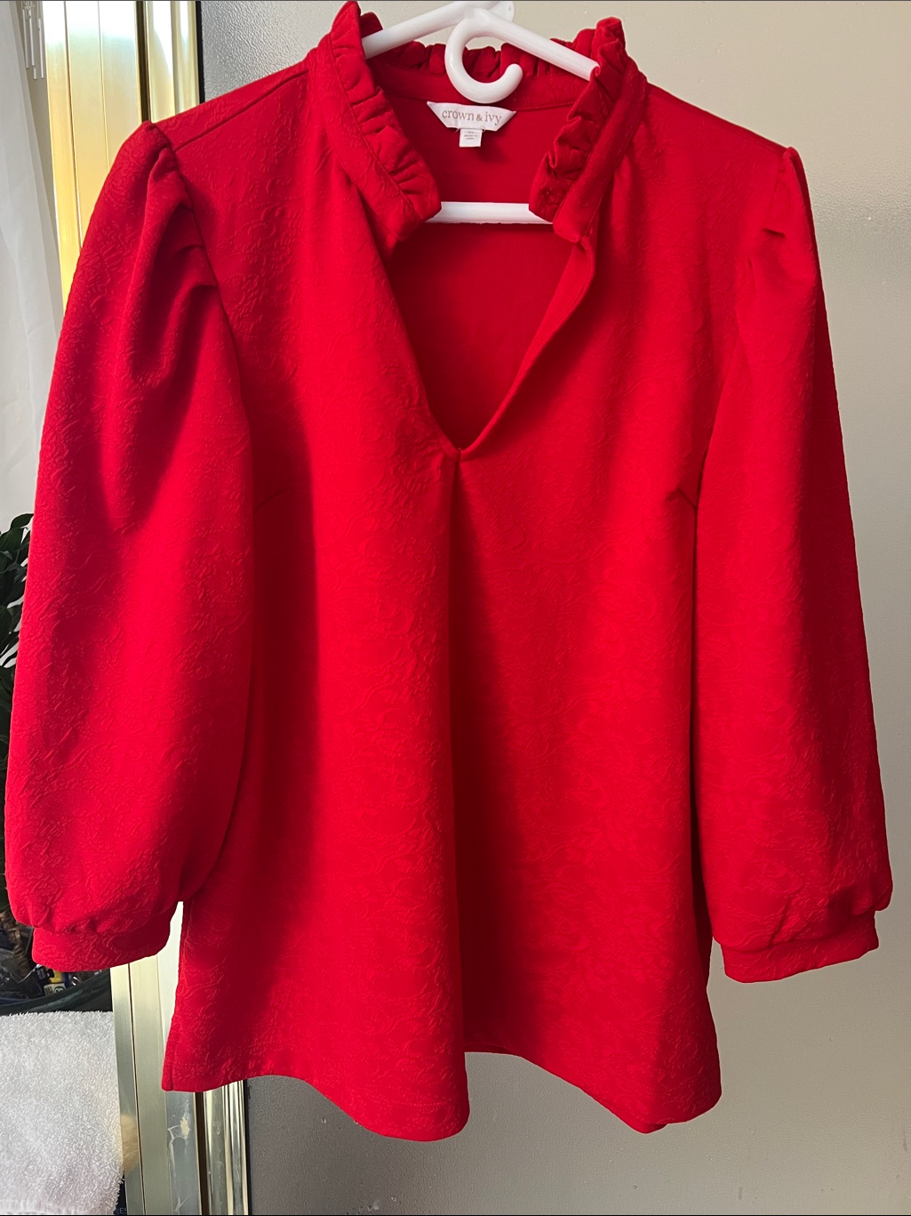 Crown & Ivy Bright Red Ruffle V-Neck Blouse